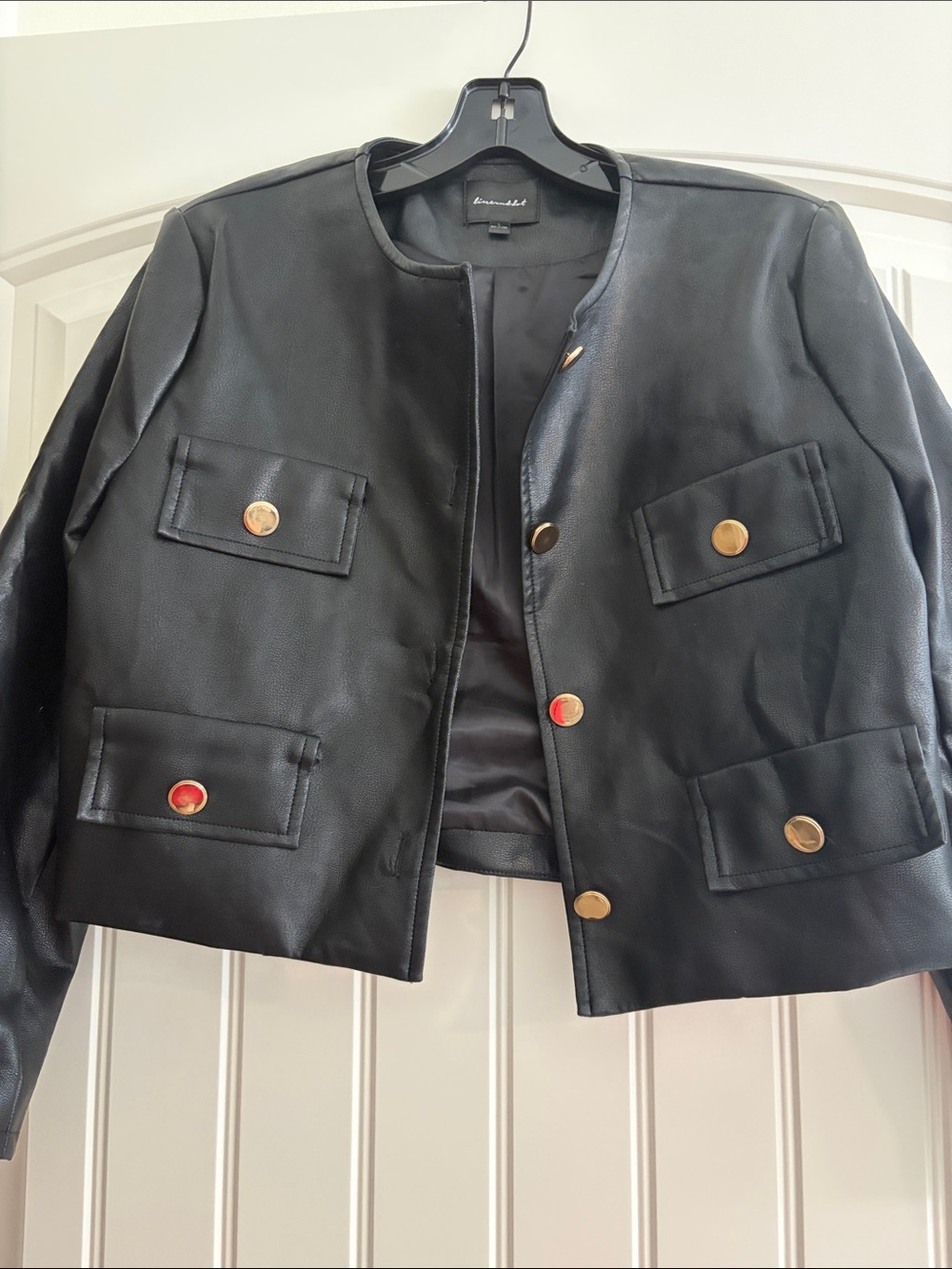 Line & Dot Black Faux Leather Crop Blazer with Gold Buttons